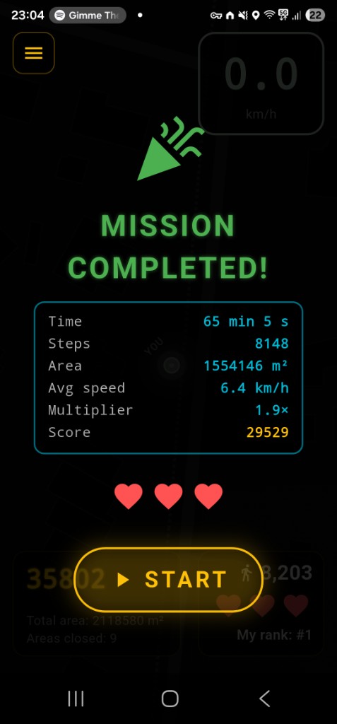 Mission completed screen showing score and stats