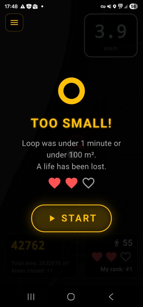 Too Small warning when loop is under 1 minute or 100 m²